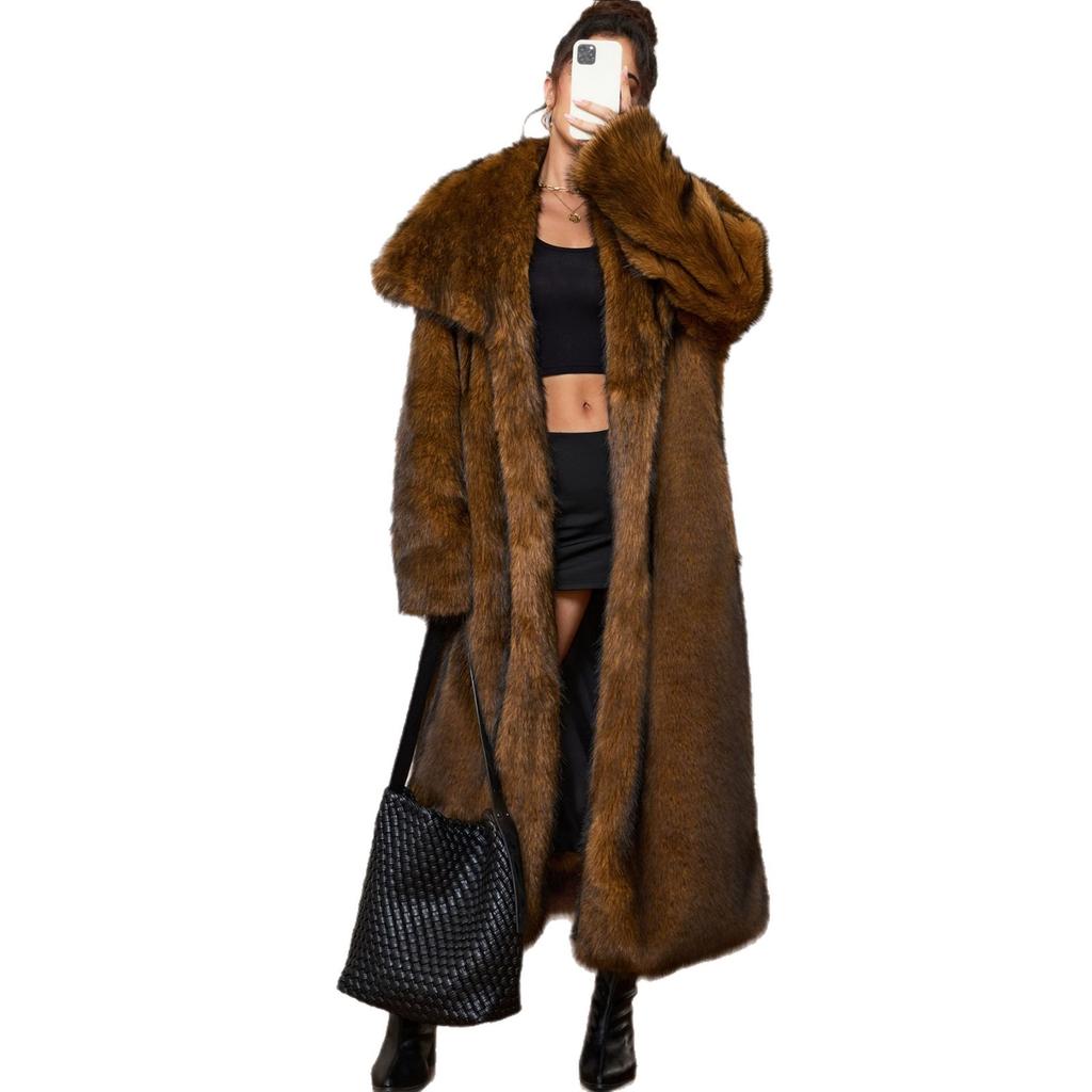 Shaggy Faux Fur Warm Maxi Overcoat for Women Luxury Lapel Open Front Fluffy Winter Parka Outwear Long Jackets Women's Long Sleeve Shawl Collar Coats