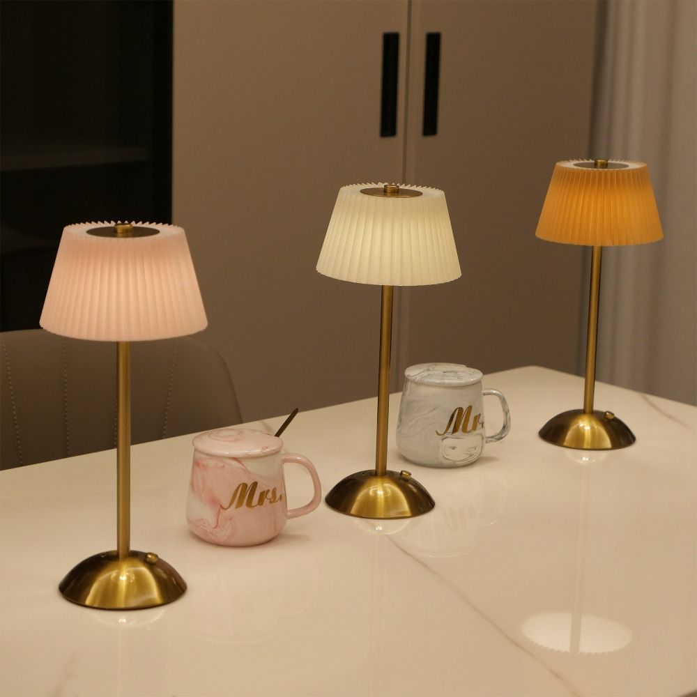 3 Color Lights Small Pleated Table Lamp Touch Control Stepless Dimmable Desk Ambient Light USB Rechargeable Fabric Shade