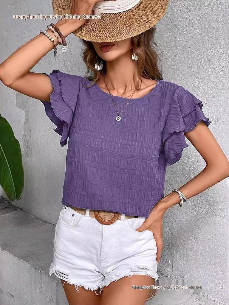 Women's Summer Double-layer Ruffled Sleeve Round Neck Pullover T-shirt