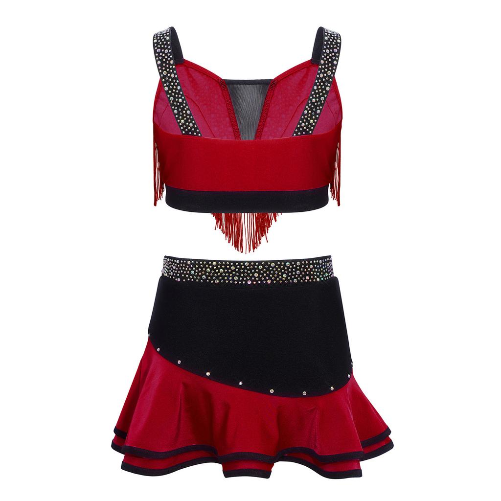Kinder Mädchen Farbblock Latin Dance Crop Top Breite Schulterträger Quasten Strasssteine mit elastischem Bund Rock für Tango Rumba Gesellschaftstanz Performance