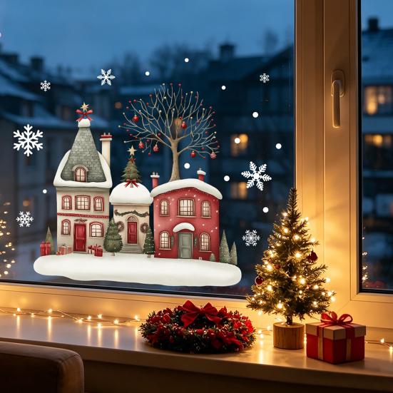 Weihnachts-Fenstersticker Statische Aufkleber, Verschneite Stadthäuser Schneeflocken Glasaufkleber, Wiederverwendbare Klebefreie Adsorption Weihnachten Aufkleber, Feiertagsdekoration für