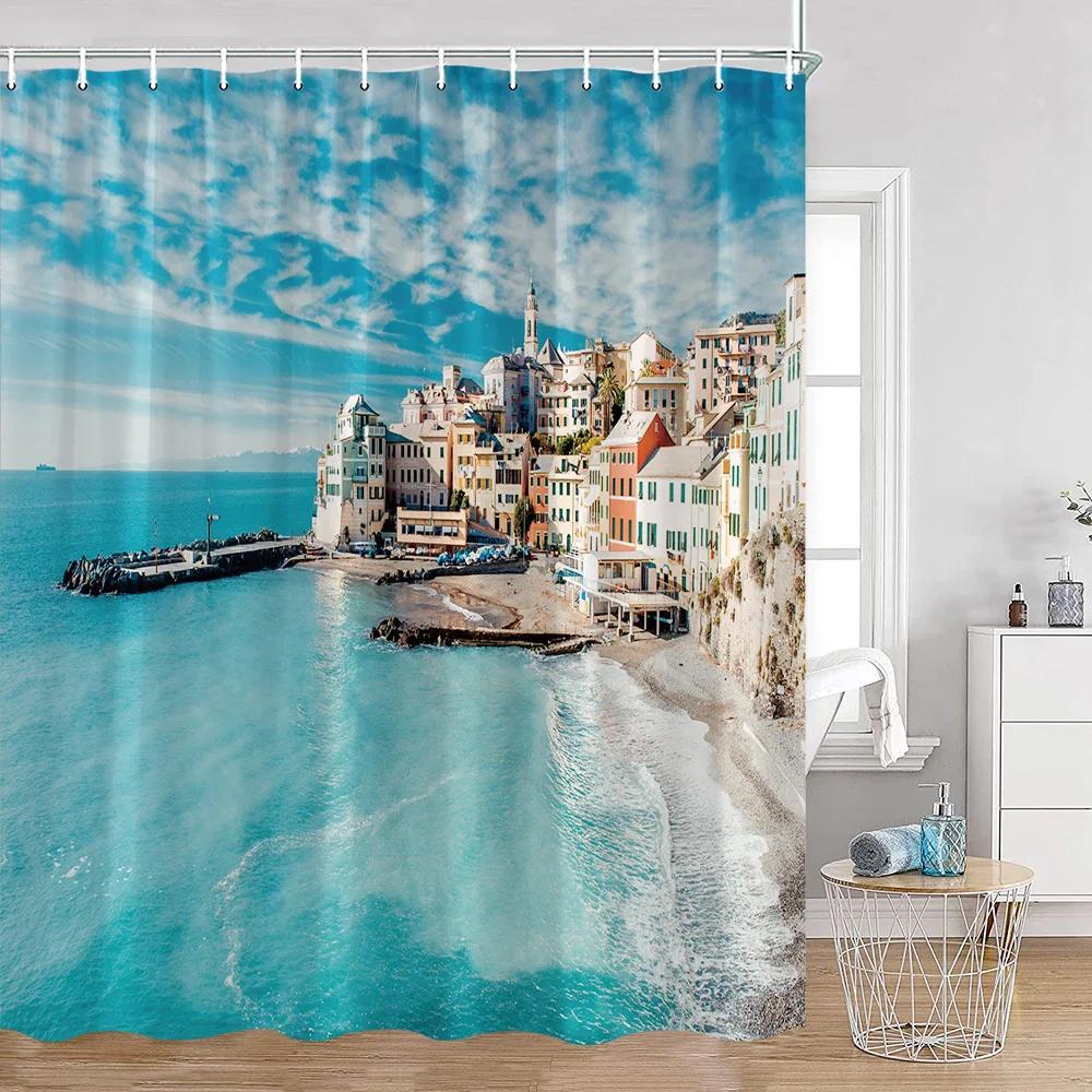 

Приморские шторки для душа Летние каникулы Кокосовые пальмы Морской пейзаж Морской пейзаж Украшения для ванной комнаты Полиэстеровая занавеска для ванны 90x180cm-35x70in