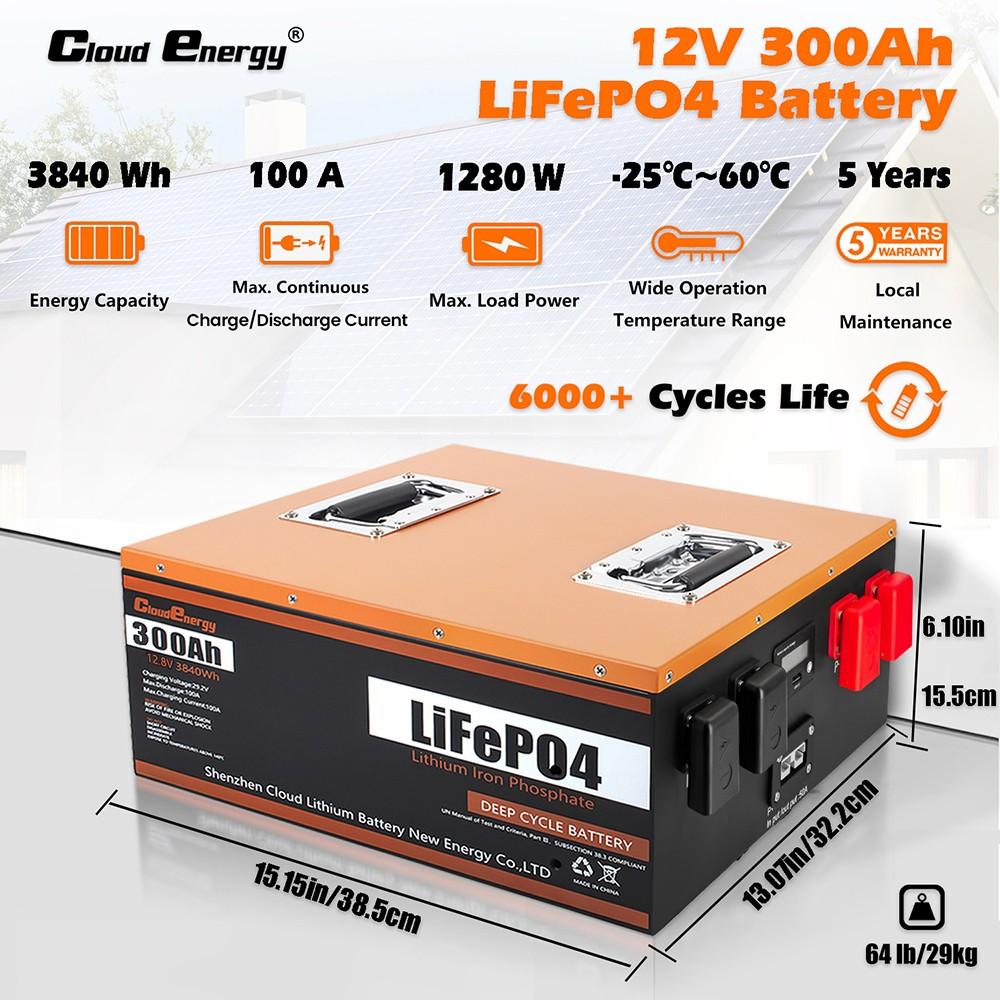 Cloudenergy 12V 300Ah LiFePO4 Battery Pack, 3840Wh Energy, 6000+ Cycles, Built-in 100A BMS