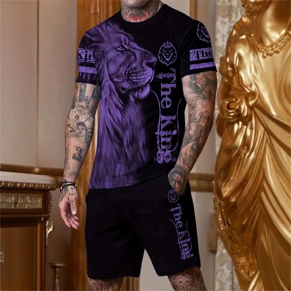 3D Printed Lion Round Neck Short Sleeve Suit - Trendy Brand