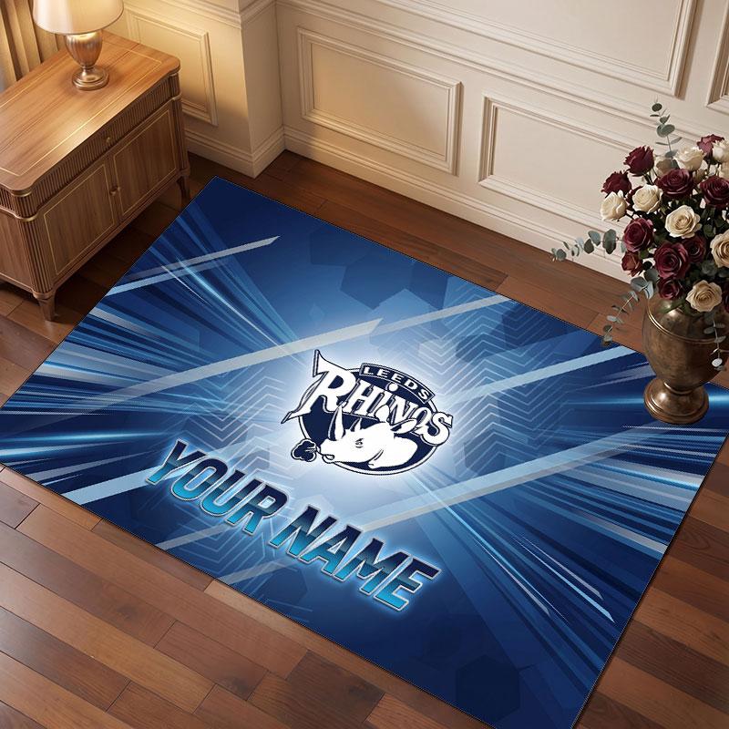 Leeds Rhinos Personalized Crystal Velvet Carpet, Customized Name Text Soft Anti‑Slip Rug for Living Room Bedroom