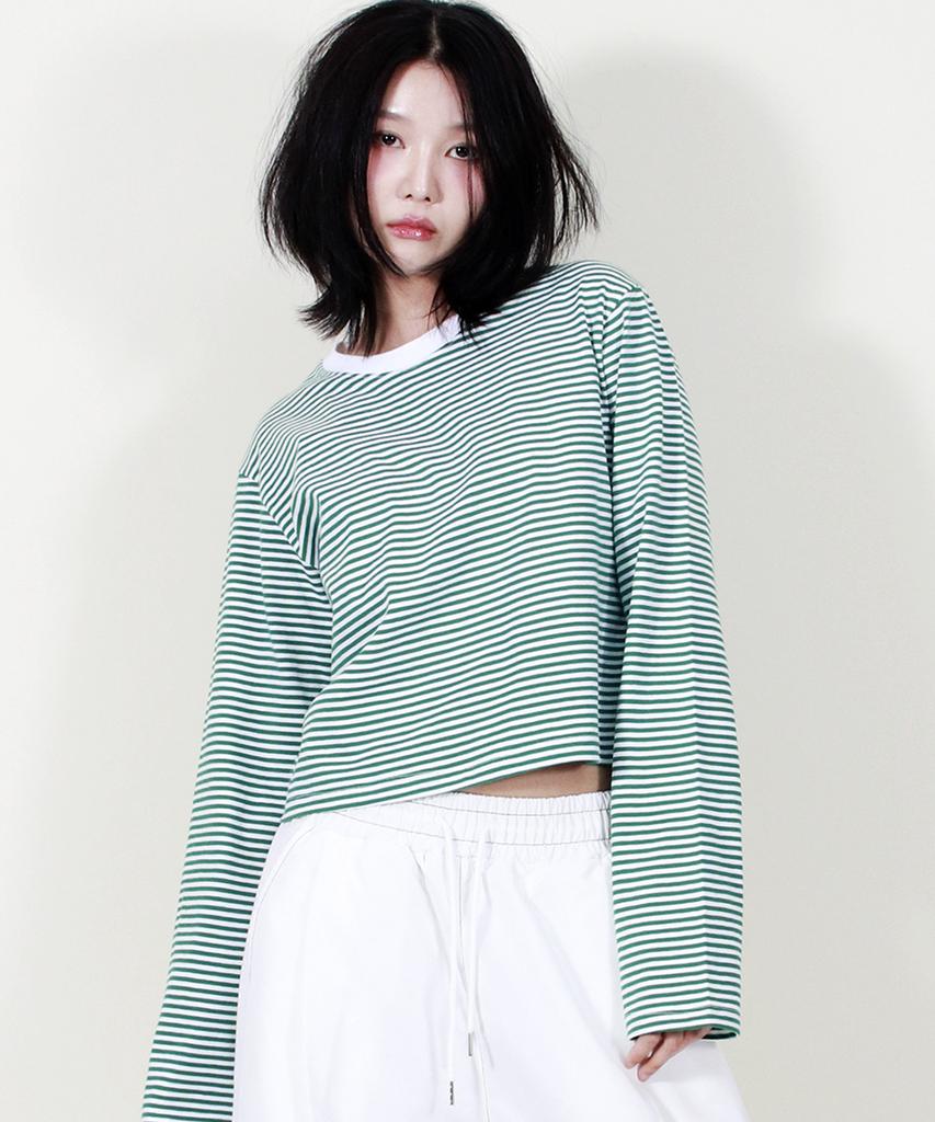 Deumakeu Striped Semi-Crop Long Sleeve T-Shirt Green