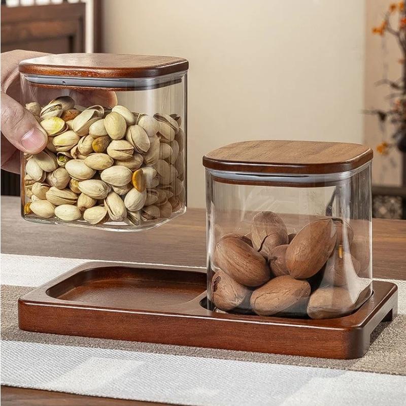 Quality Glass Sealed Canister Kitchen Food Storage Bottles with Walnut wood Lid Jars Grains Tea Leaf Coffee Beans Candy Jar
