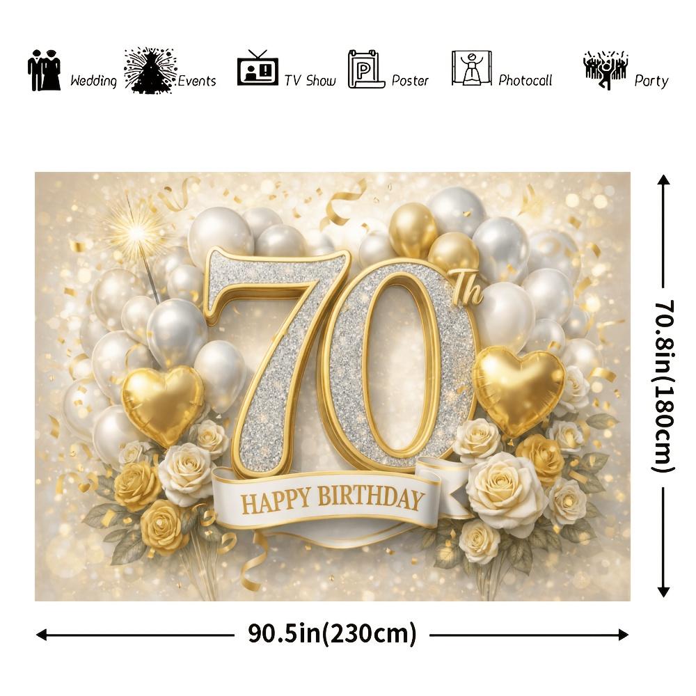 2D plane 70th birthday party banner background. Theme for 70th birthday, with sparkly gold border and the number 70.