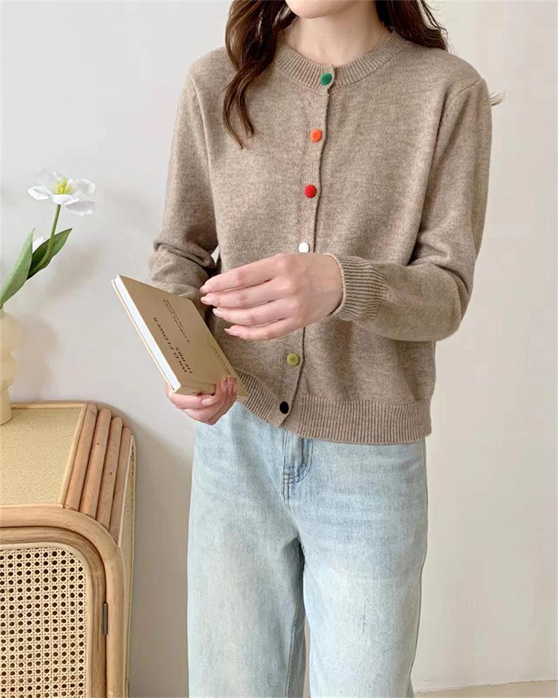 Temperament elegant round neck long sleeve soft waxy knitted cardigan women's autumn and winter new color single-breasted sweater jacket