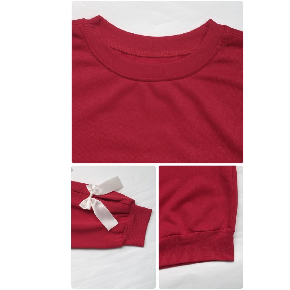 Damskie Jesienno-Zimowe Słodkie Bluzki z Okrągłym Dekoltem i Długim Rękawem, Ozdobione Kokardą, Czerwone Świąteczne Bluzy Top