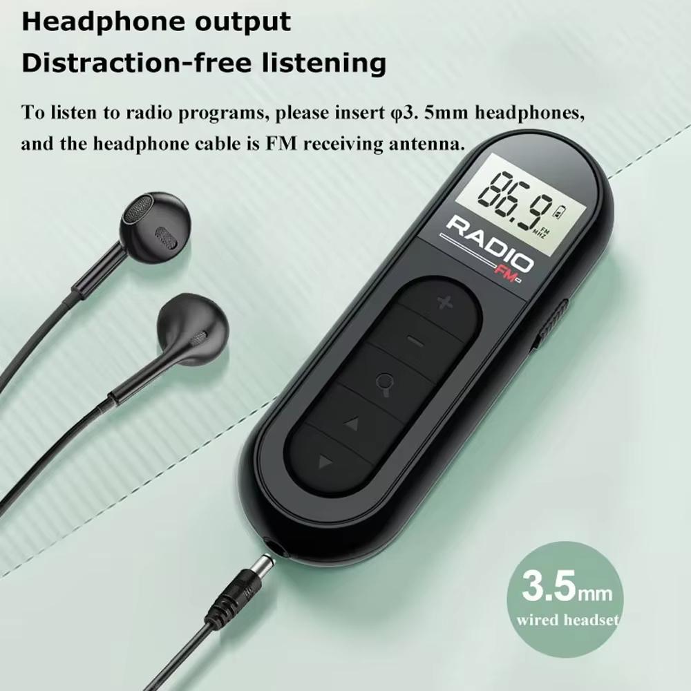Mini Clip FM Radio Pocket Rechargeable Stereo Radio with LCD Display Wired 3.5mm Headphones For Meetings Tours Running