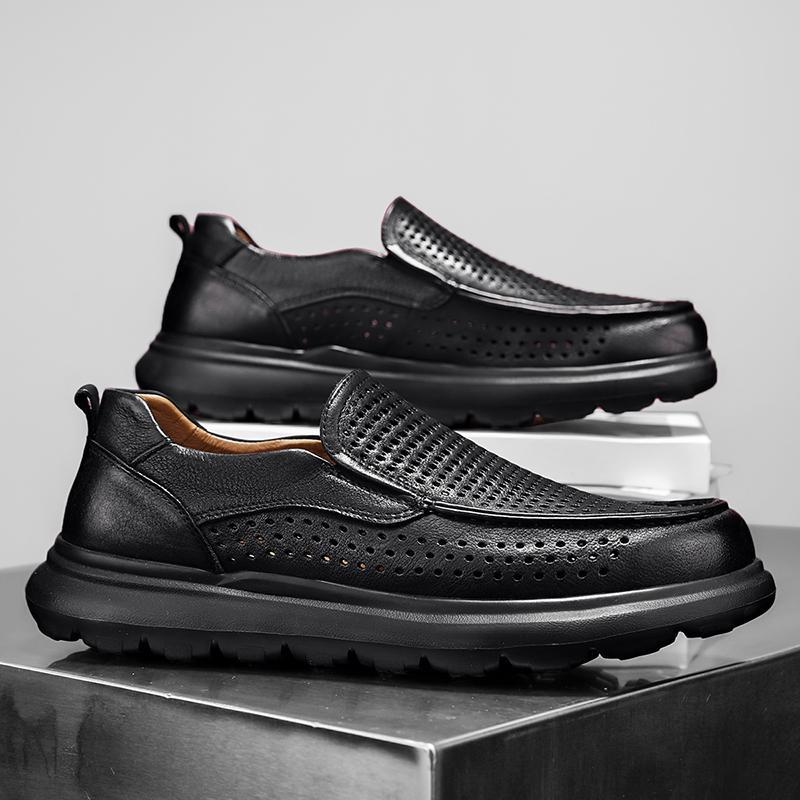 Summer Trend New Leather Surface Breathable Hollow Mesh One Pedal Fashion Casual Shoes Black Leather Shoes Men's Shoes
