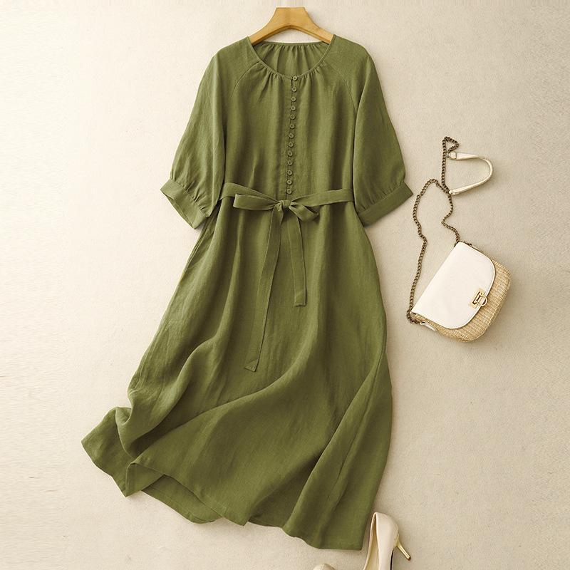 Summer new cotton and linen yarn-dyed literary and casual round neck shoulder sleeves loose dress women's clothing
