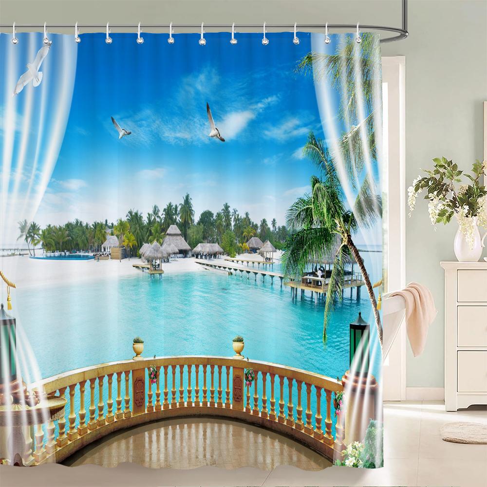 Outside the Window Seaside Scenic Beach Shower Curtains Bathroom Curtain Frabic Waterproof Bath Curtains for Bathroom 180x180cm