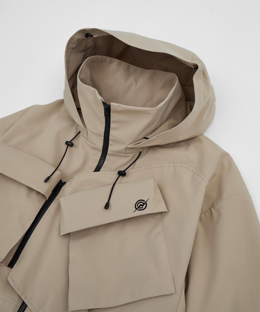 Kalapatthar 3Layer Offset Zip Pocket Hooded Jacket - Beige