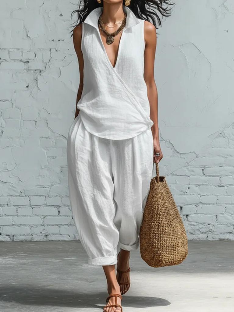 Women's Summer Spring New Arrivals Casual Shirt and Wide Leg Pants Linen Two Piece Set