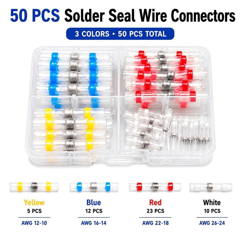 50pcs Heat Shrinkable Solder Sleeves | Thickening Solder Ring Shrinkable Tube, Wire Crimp Butt Terminals Connectors with Box, PE Material