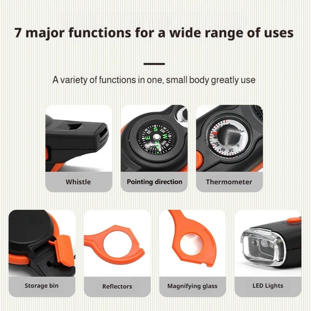7 In1 Emergency Survival Function Whistle Outdoor Multifunctional Survival Whistle with Lanyard Compass Flashlight Camping Hike