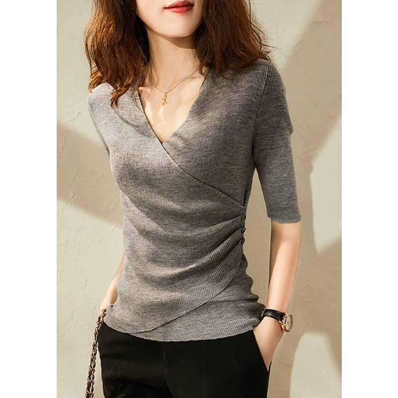 2025 Spring/Summer Women's V-Neck Irregular Knit Sweaters: Slim Fit, Fashionable European Short-Sleeved Tops
