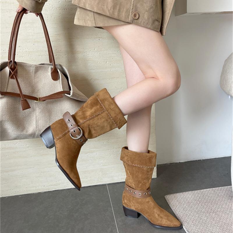 White Deer Same Zhong Chuxi Zhao Ruth Bread Tree Knight Boots Folded Western Pile Boots Long-Term