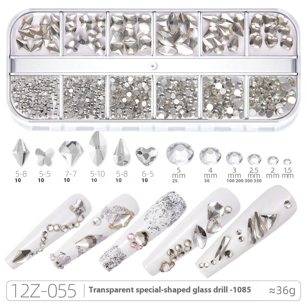 Broca para Nail Art 12 Compartimentos Strass Fundo Plano Broca Formato Especial Unha Vidro AB Aurora Transparente Broca Unha Conjunto de Joias para Nail Art