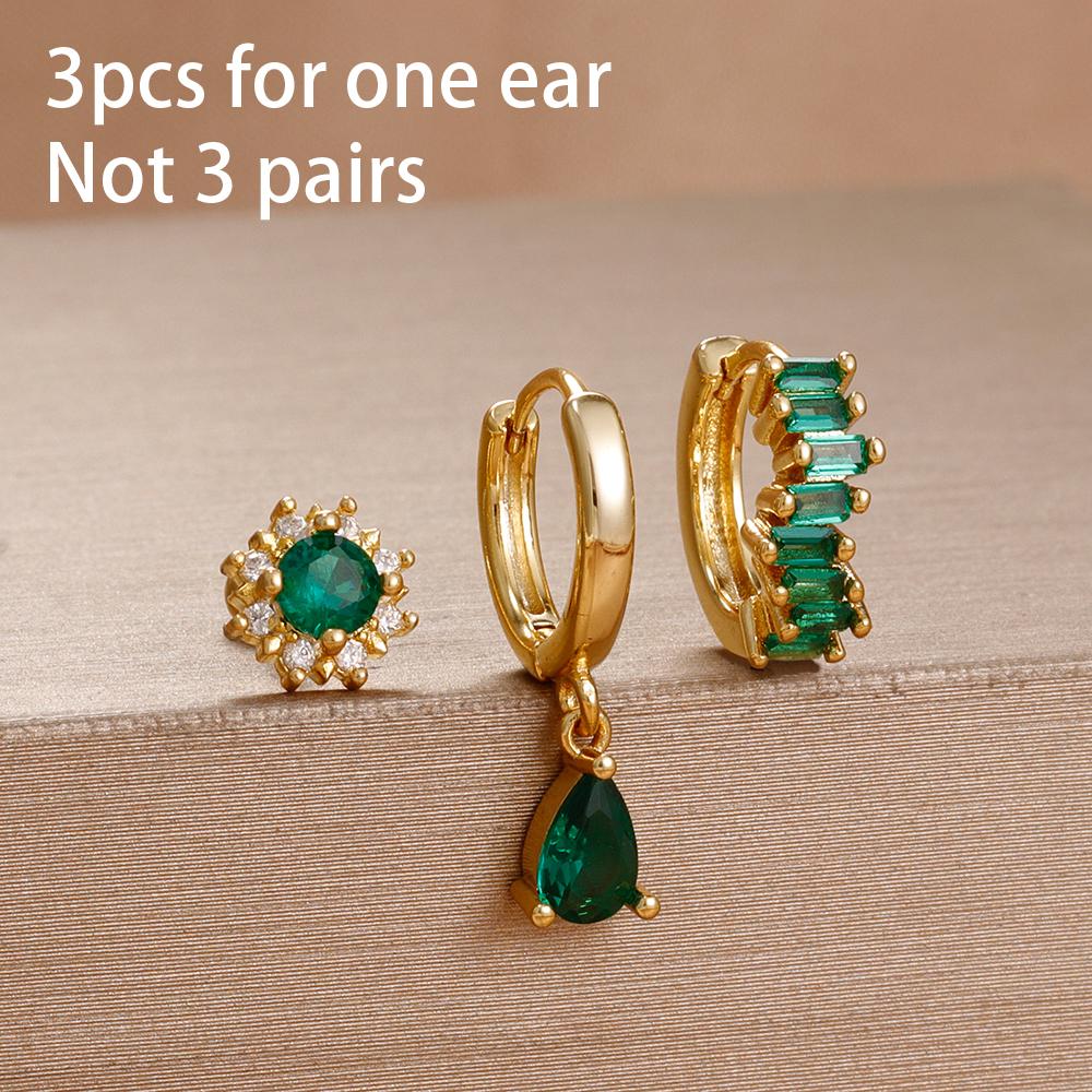 3PCS Exquisite Green CZ Zircon Water Drop Gold Color Earrings Set for Women Dainty Stackable Piercing Earring Luxury Jewelry
