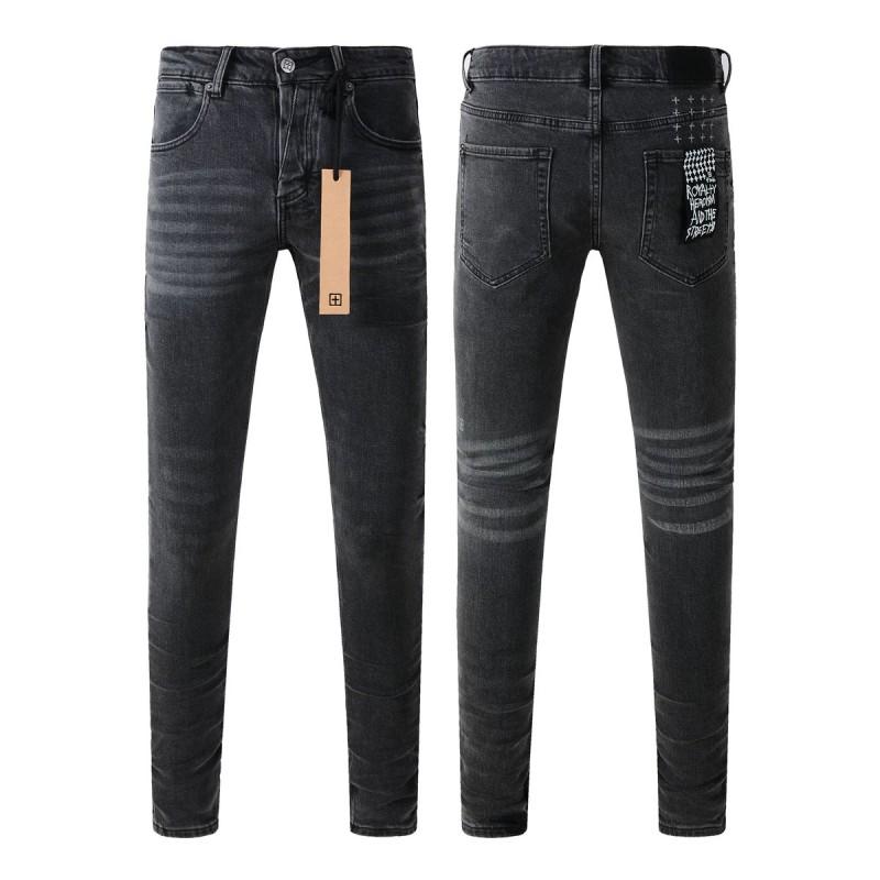Mens Slim Fit Distressed Denim Jeans With Embroidered Patch Vintage Ink Wash Stretch Cotton Streetwear Style