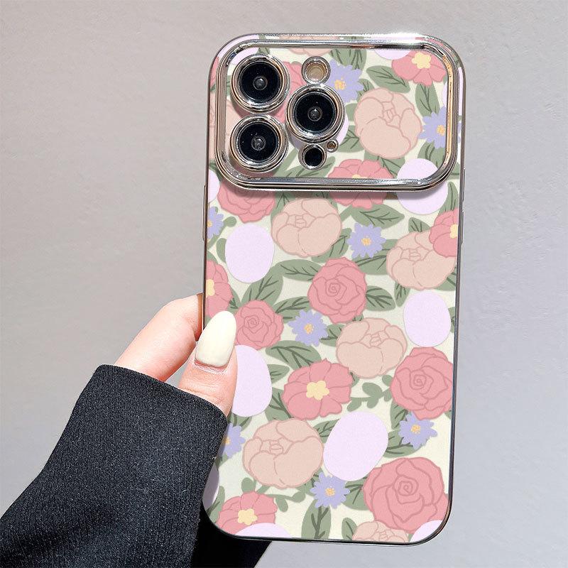 Large Windows Suitable for Apple 12PRO Electroplated Flower Mobile Phone Case IPhone 15XSMAX Protective Case Anti Fall Oil Painting