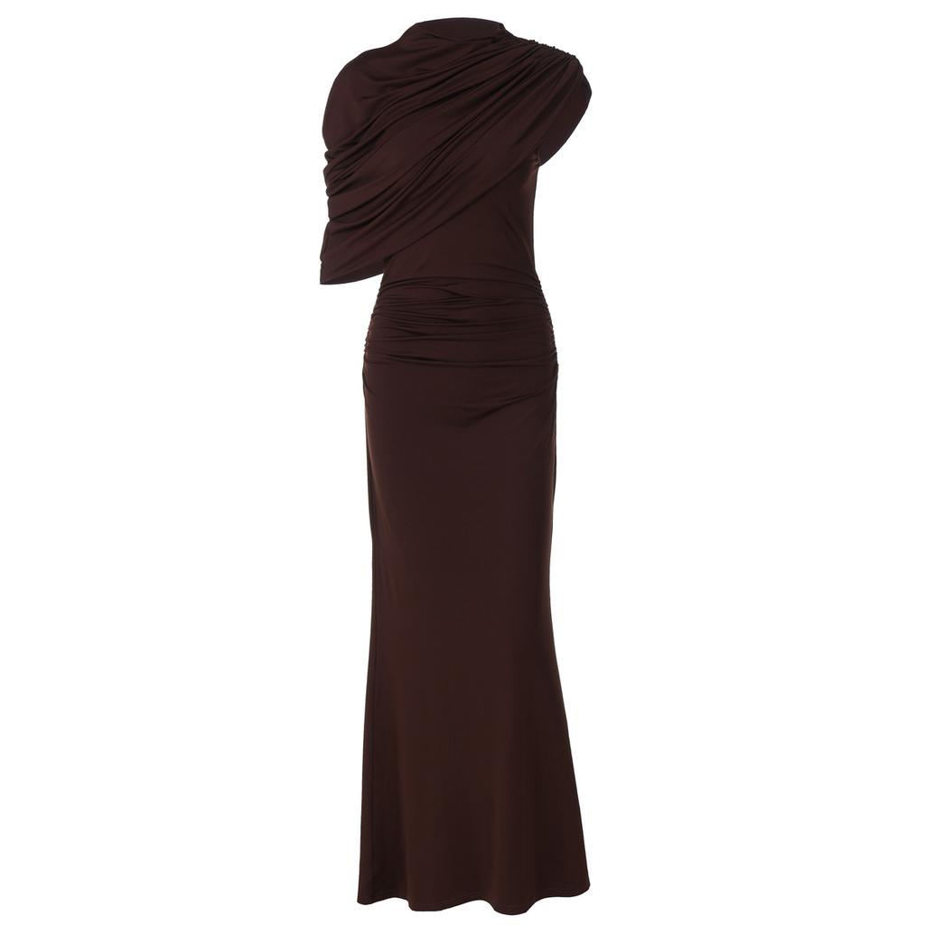 Women Brown Asymmetric Shoulder Bodycon Maxi Dress