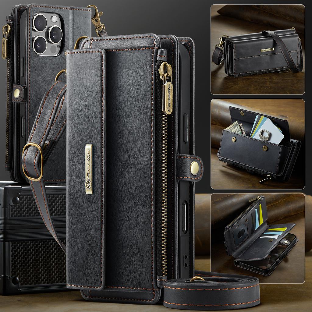 For iPhone 16 Pro CASEME Case C39 RFID Blocking Zipper Wallet Stand Leather Cover with Strap