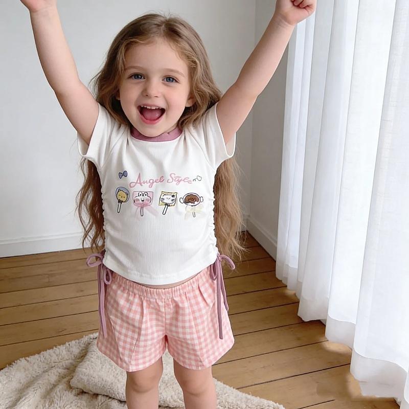 2025 New Style Baby Girl Cartoon T-Shirt & Plaid Pants Set - Spring/Autumn