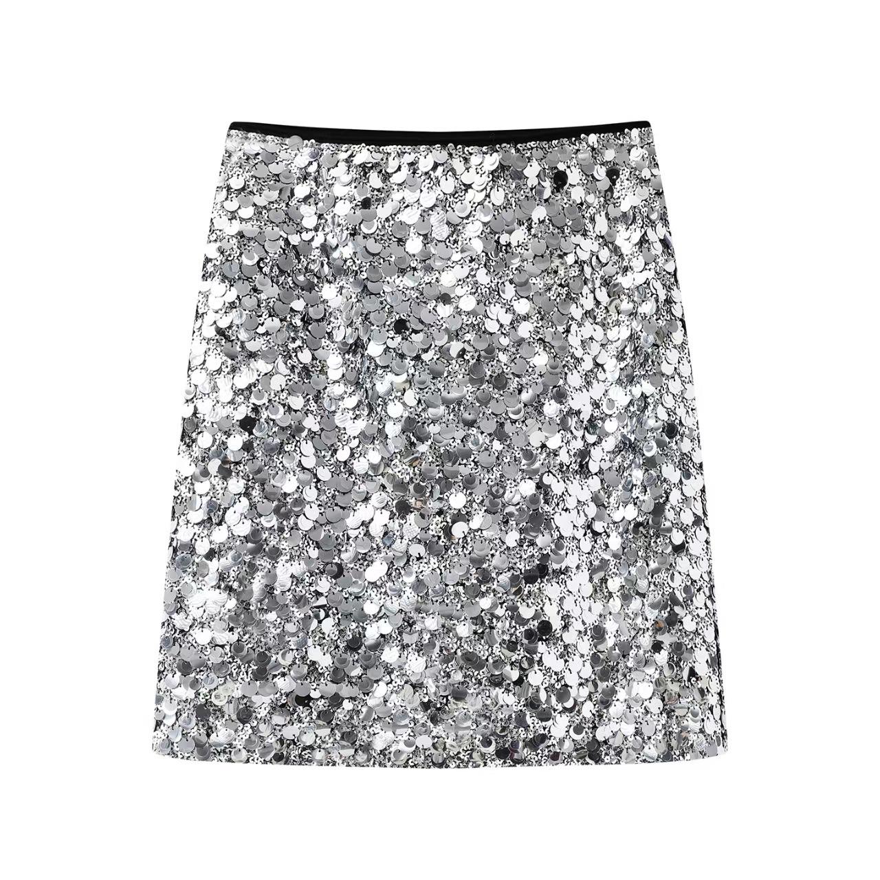In Stock 2025 Winter Hot Girl Style Sequin Embroidered Mid-Waist Straight Skirt Medium серебряный