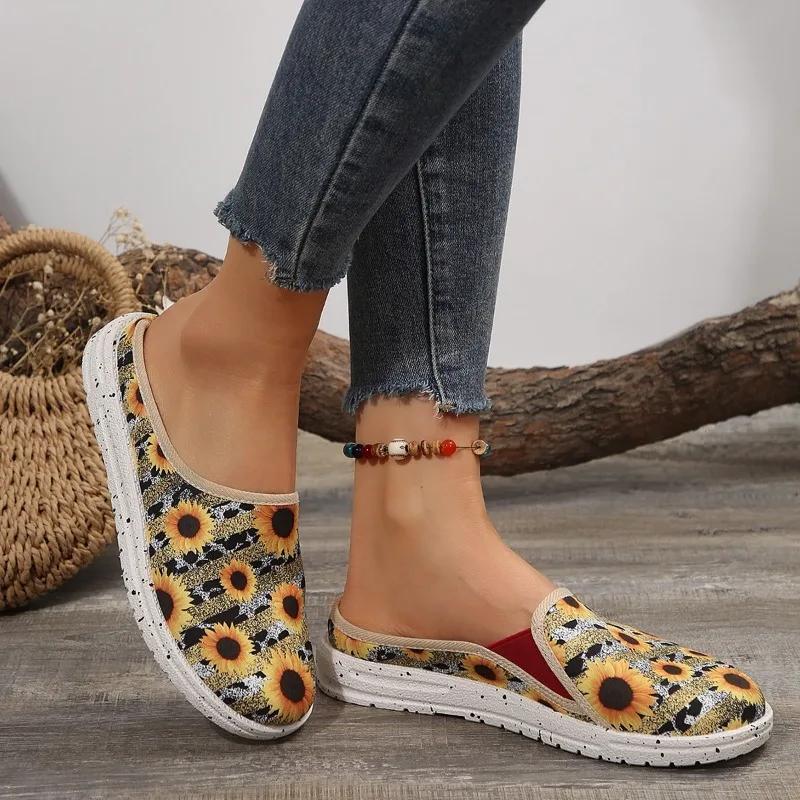 Black White Cow Print Canvas Mule Loafers Woman Fashion Slip-on Leopard Sneakers Ladies Casual Flat Sport Slippers Plus Size