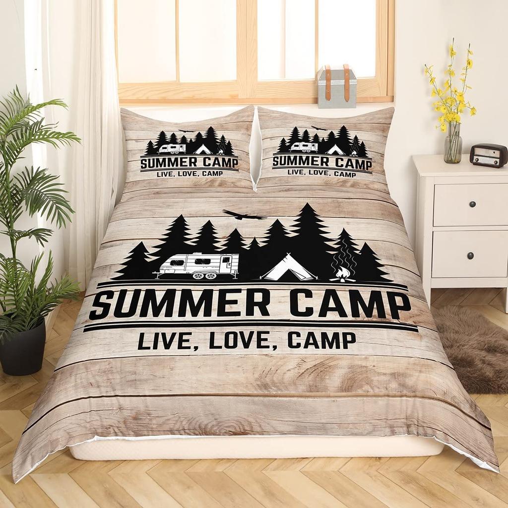 Happy Camping Comforter Cover King, Summer Camping Decoration Bedding For Boy Teens Family, Beach Vacation Style Duvet Cover Set
