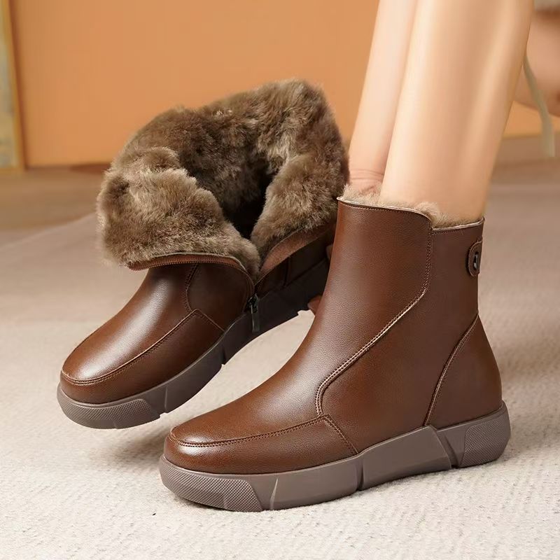 Women Winter New Leather Big Size Ankle Snow Boots Thick Sole Non Slip Thicken Plush Keep Warm High Top Flat sole Cotton Boots