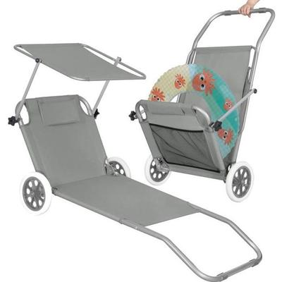 Sun Lounger - - Reclining - Headrest - Rubber Wheels - Sunshade - Grey