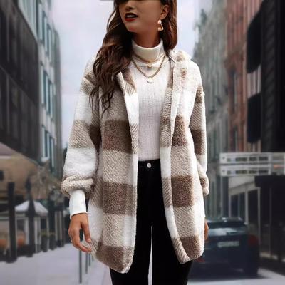 Damenmode Casual Plaid Print Herbst Winter Langarm Kapuzenjacken & Mäntel