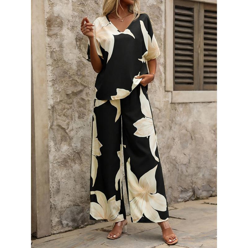 1116 Summer European and American suit printed V-neck bat sleeve top long pants fashion source