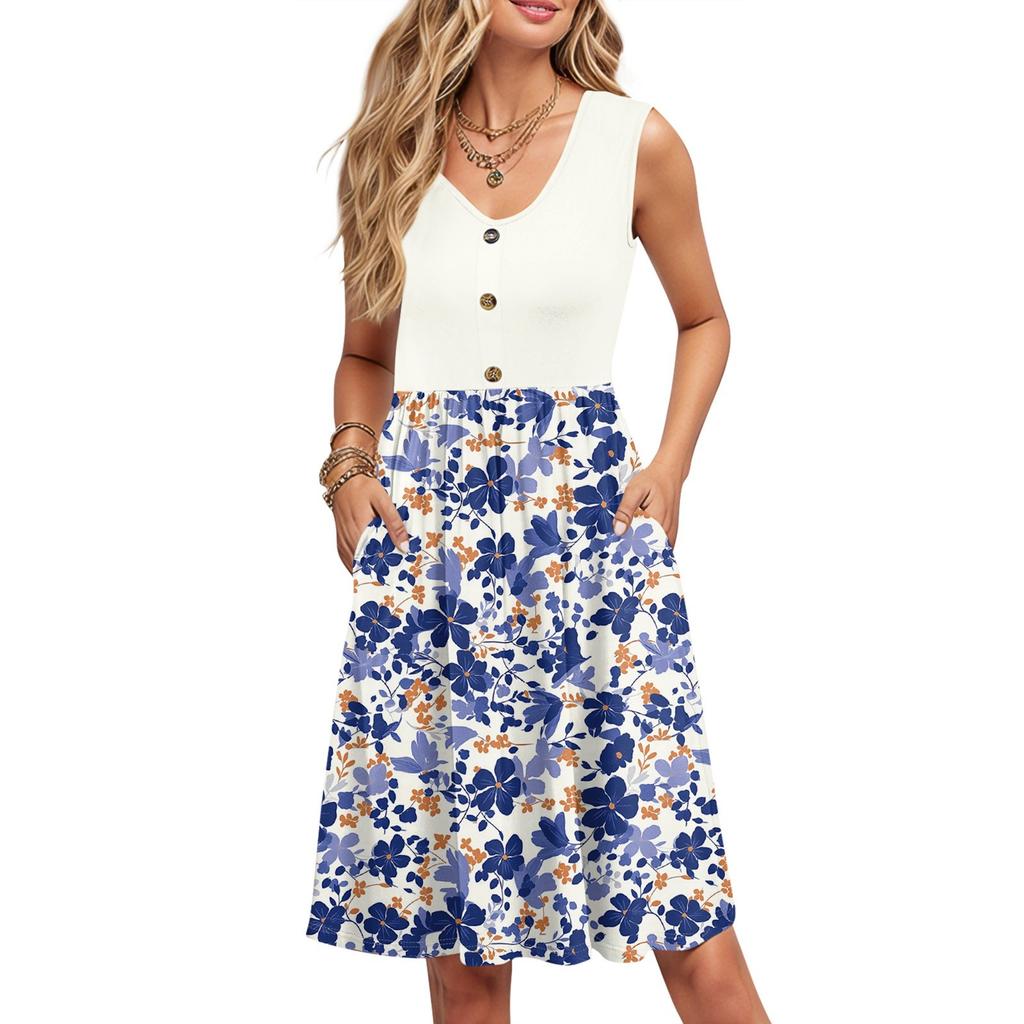 Women Summer Printing Dresses Sleeveless Casual Loose Swing Button Down Midi Sundress With Pockets