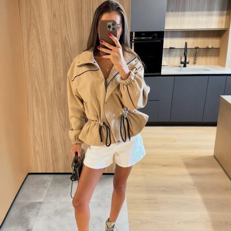 Womens French Retro Stand Collar Windproof Short Trench Coat Small Size Slim Fit Workwear Style