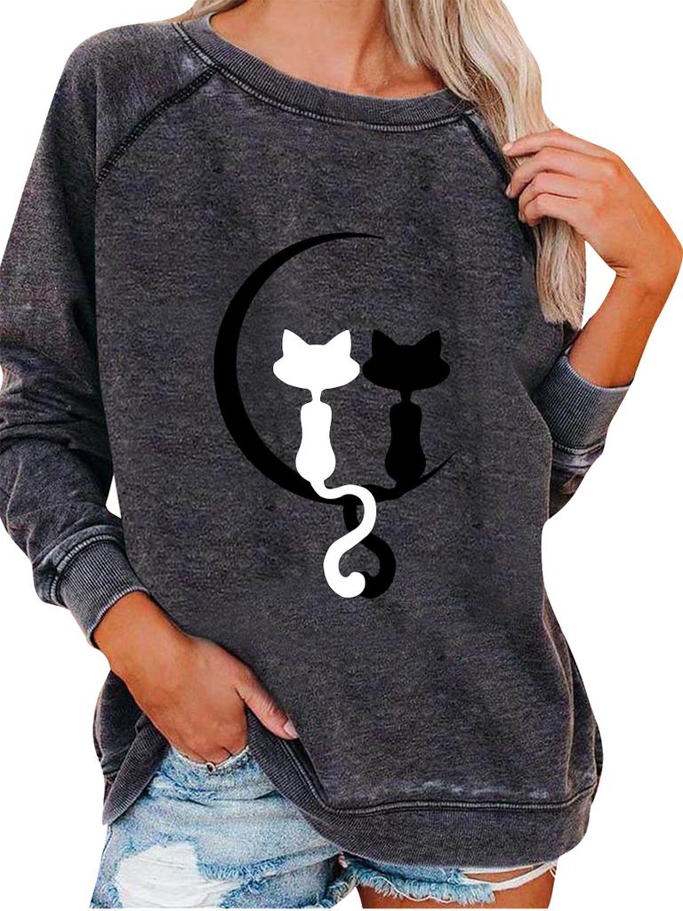 Ladies Spring/Fall Sweatshirt Women's Fashion Cat Print Top Oversized Pullover Sweatshirt