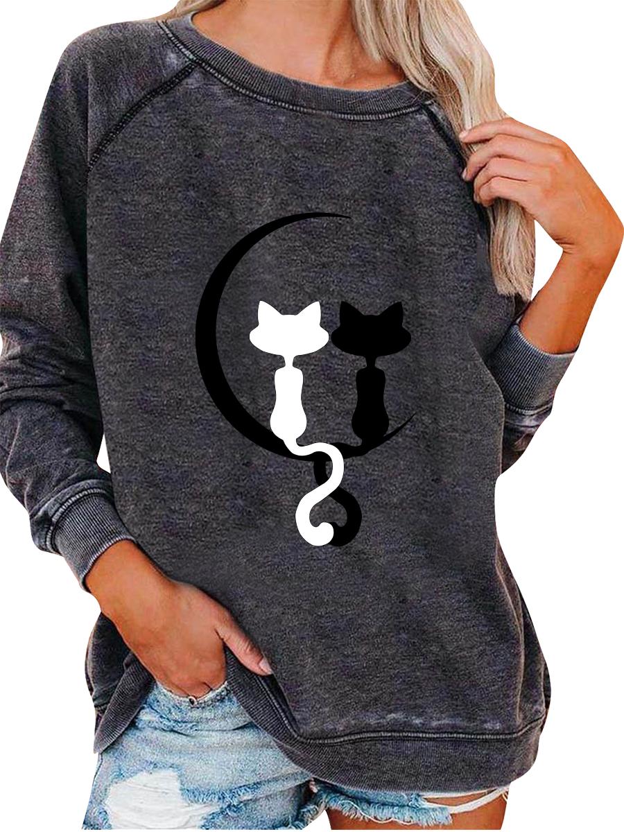 

Женский свитшот весна/осень, женский модный топ с принтом кошки, свитшот-пуловер оверсайз 3XL серый
