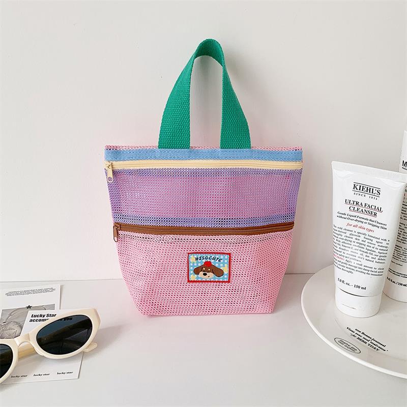 

Cute Puppy Dog Contrast Color Mesh Tote Beach Bag Makeup Toiletry Storage Bag Handbag Portable Travel Washing Body Shower Tools рожевий