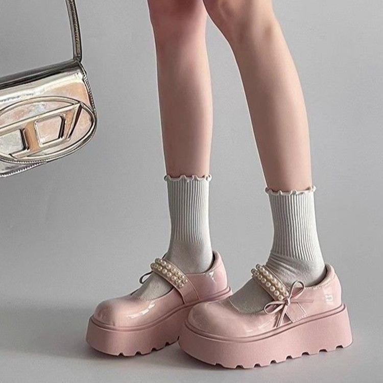 Retro Pearl Bow Mary Jane Shoes 2025 Autumn New Platform Single Shoes Japanese Jk One-pedal Small Leather Shoes