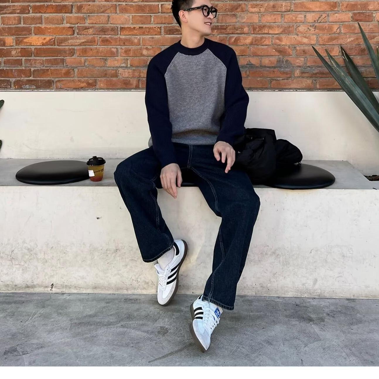 

Men s Korean Style Color-Blocked Raglan Sleeve Sweater - Winter Loose Fit Pullover Knitwear Large