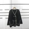 Korean V-Neck Loose Double-Breasted Color Block Knit Cardigan