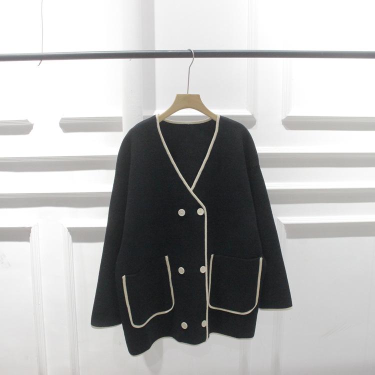 Korean V-Neck Loose Double-Breasted Color Block Knit Cardigan