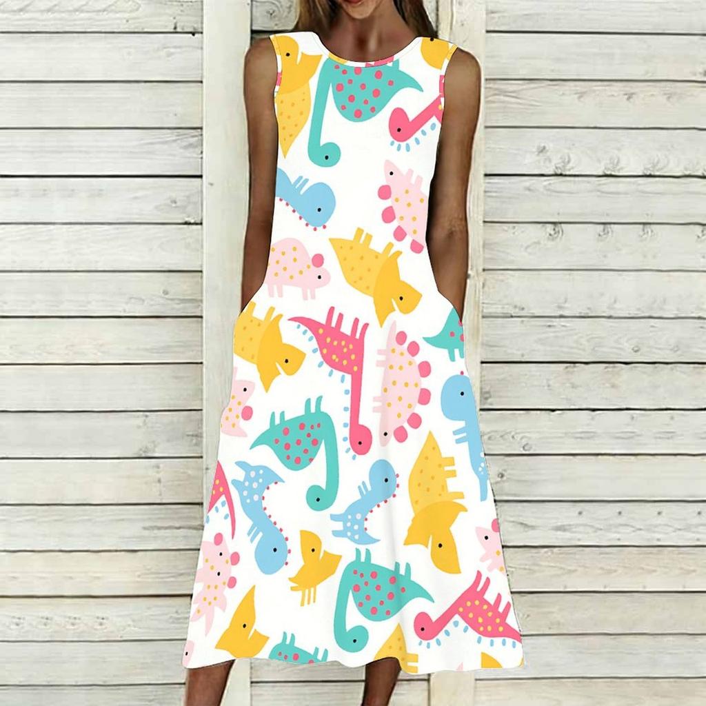 Oversized Women Sleeveless Round Neck Dress Elegant Cluster Flower Printed Loose Mid Calf Dress