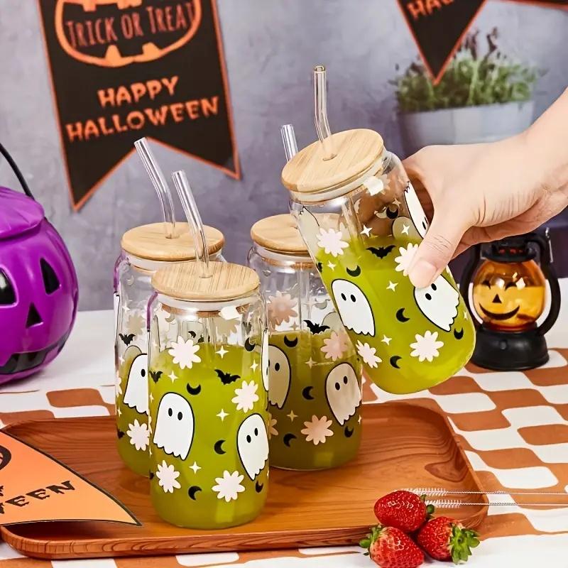 Halloween Drinking Cup with Lid and Straw 18.7oz/550ml Canned Glass Cup Cute Kawaii Coffee Cup Juice Water Cup Milk