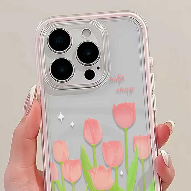Cute Pink Tulip TPU Transparent Pink Silicone Phone Case For iPhone 17 16 15 14 13 12 11 Pro Max 16 Plus Shockproof Soft Cover